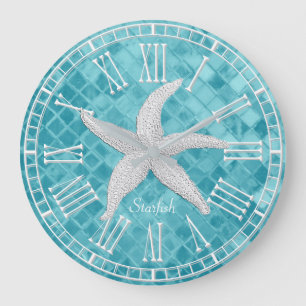 Relógio Grande Starfish Branco Aqua Sea Glass Personalize