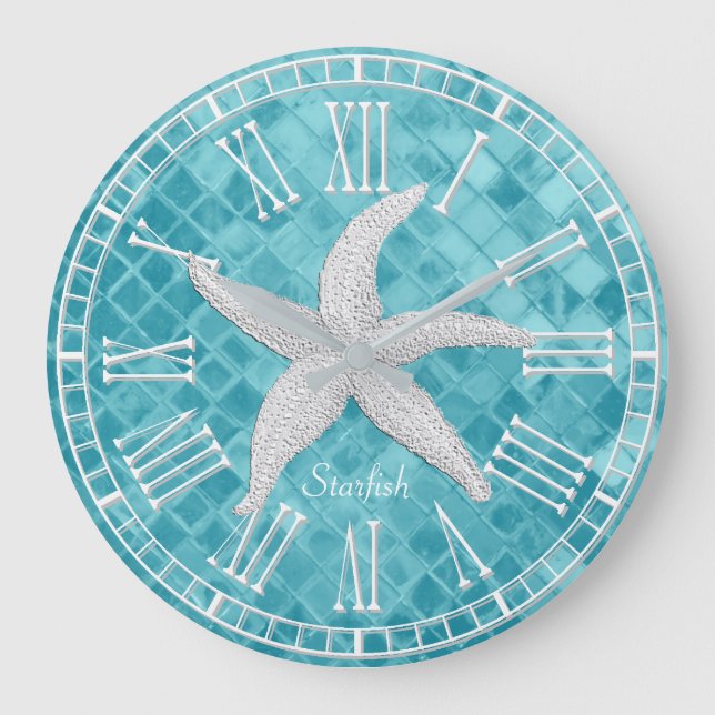 Relógio Grande Starfish Branco Aqua Sea Glass Personalize (Frente)