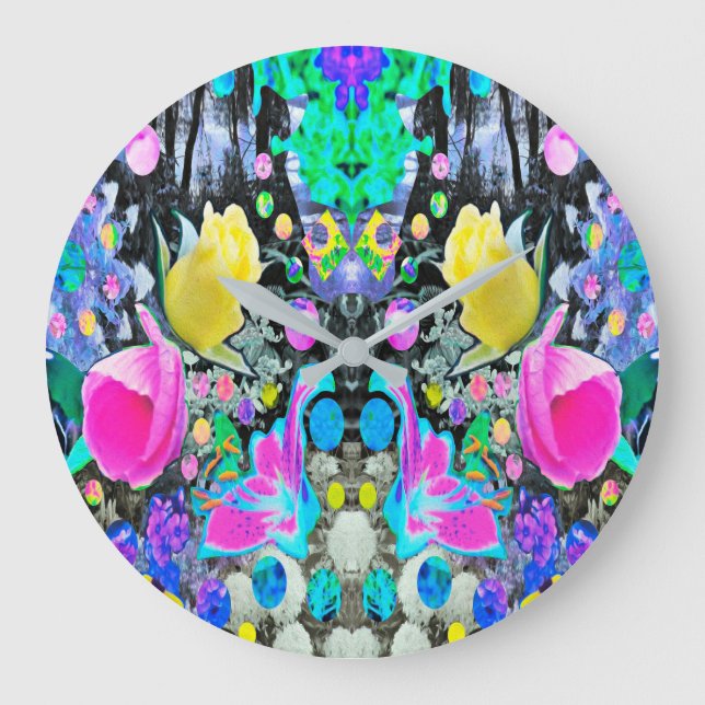 Relógio Grande Stargazer Lily, Rosa e Colagem de Hibiscus Rosa (Frente)