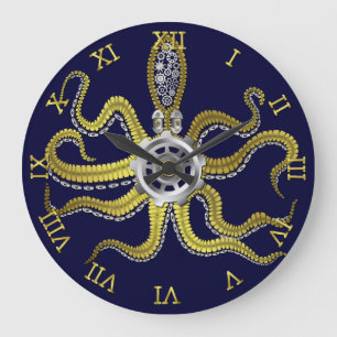 Relógio Grande Steampunk alinha o azul Dourado náutico de Kraken
