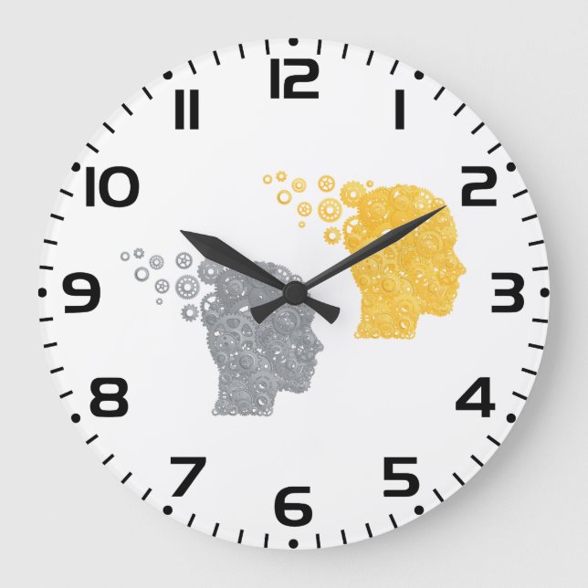 Relógio Grande Steampunk Brain Power Cogwheel Heads (Frente)