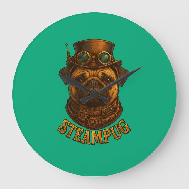 Relógio Grande Steampunk Pug Wall Clock - vintage "Steampug" (Frente)