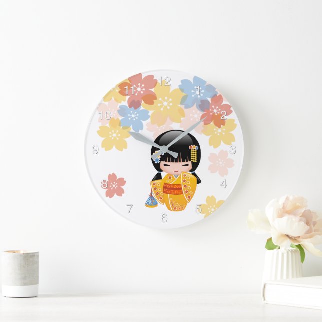 Relógio Grande Summer Kokeshi Doll - Yellow Kimono Geisha Girl La (Lar)