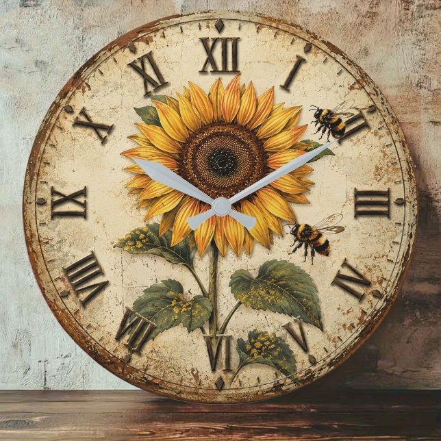 Relógio Grande Sunflower & Bumble Bee Rustic Farmhouse (Criador carregado)