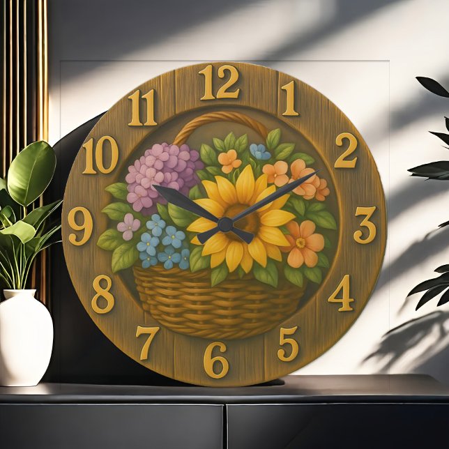 Relógio Grande Sunflower Garden Basket Wooden Wall Clock (Criador carregado)