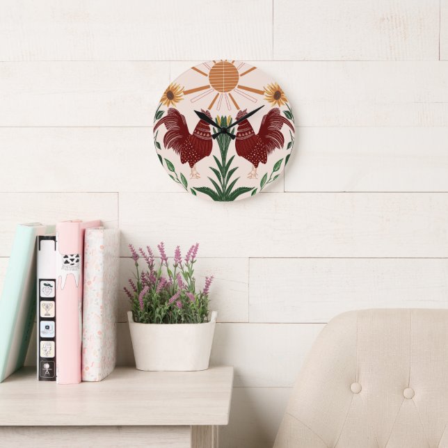 Relógio Grande Sunny Folk Art Rooster Simétrico Design (Sala de leitura)