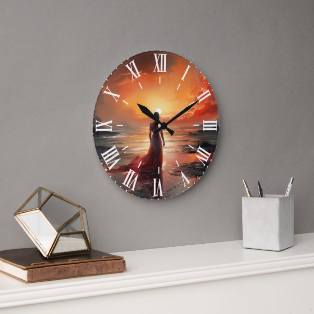 Relógio Grande Sunset Beach Woman Wall Clock Art (Escritório)