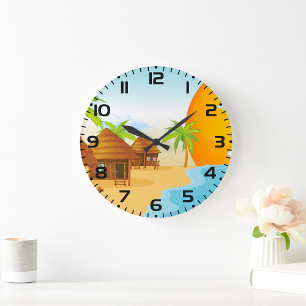 Relógio Grande Sunset de praia tropical com Thatch Huts