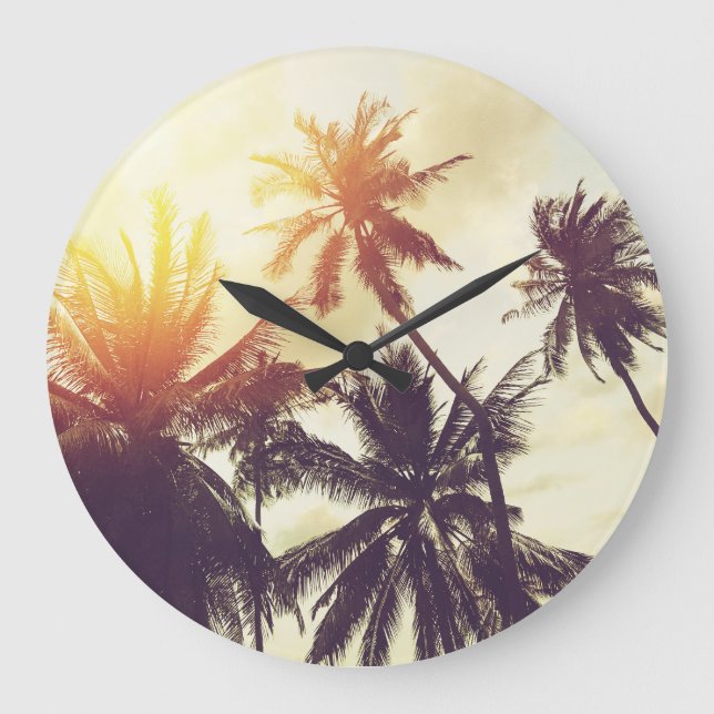 Relógio Grande Sunset tropical: Palm Silhouette Vintage (Frente)
