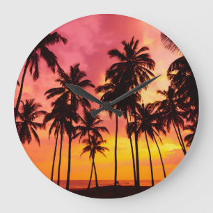 Relógio Grande Sunset Tropical: Serenidade Silhueta Palma.