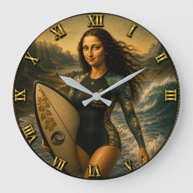 Relógio Grande Surfing Funny Mona Lisa for Beach & Ocean Lovers (Frente)