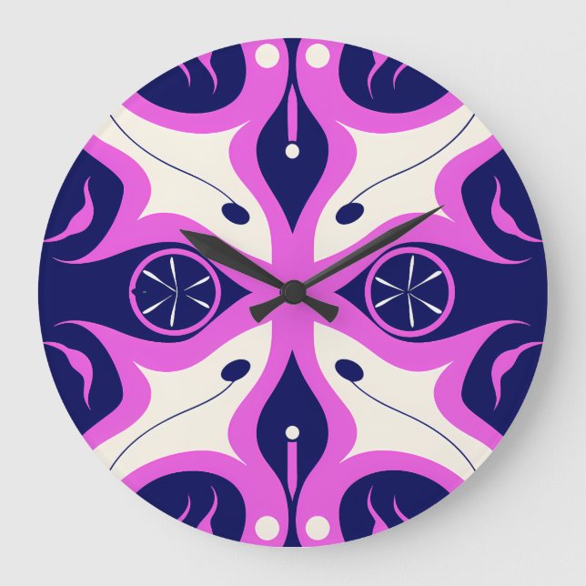 Relógio Grande Symmetrical Abstract Pattern in Purple and White (Frente)
