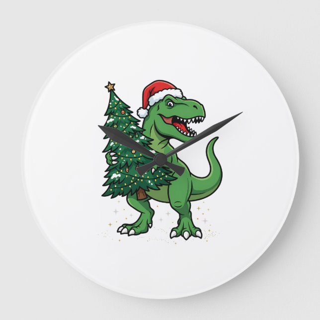 Relógio Grande T-Rex de Natal Carregando Árvore de Natal (Frente)