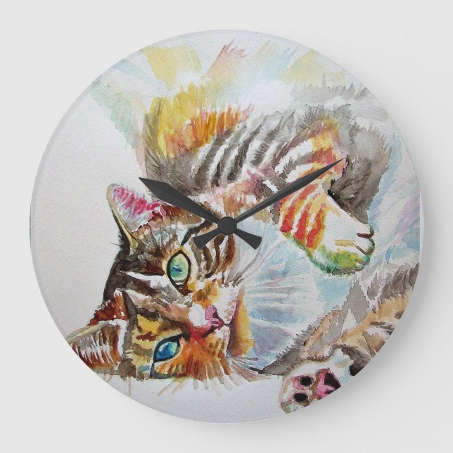 Relógio Grande Tabby Cat Watercolor Painting Art Wall Clock (Frente)