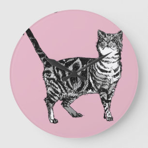 Relógio Grande Tabby Rosa Cat Watercolor Painting Art Wall Clock