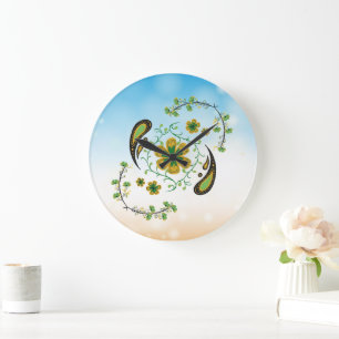 Relógio Grande Taiji Floral Verde Amarelo Floral