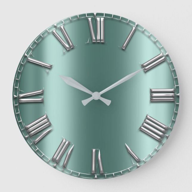 Relógio Grande Teal Aqua Mint Cinzas Cinzas Silver Roman Números  (Frente)