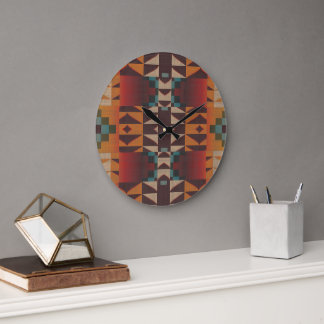 Relógio Grande Teal Blue Dark Beige Brown Orange Arte Tribal