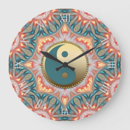 Relógio Grande Teal Dourado Yin Yang Feng Shui Fire