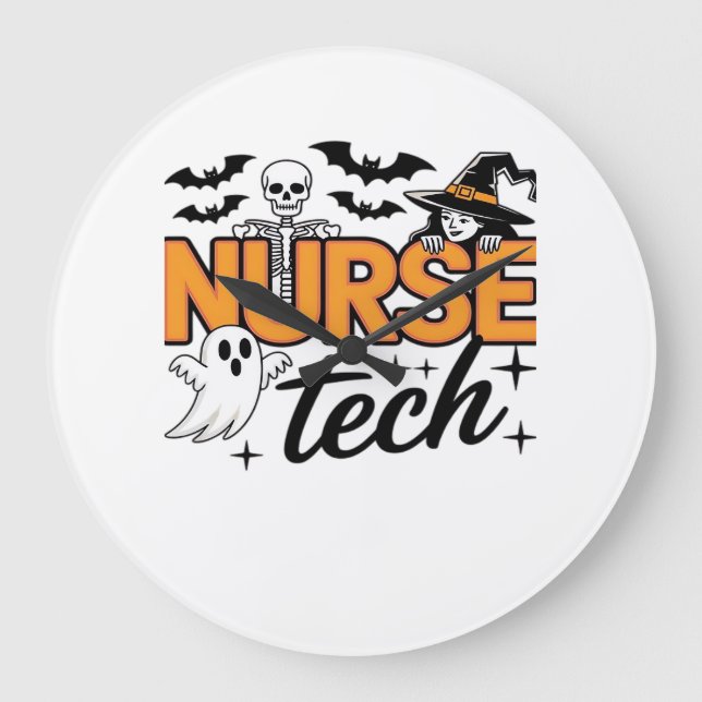 Relógio Grande Técnico de Enfermagem - Halloween - com esqueleto, (Frente)