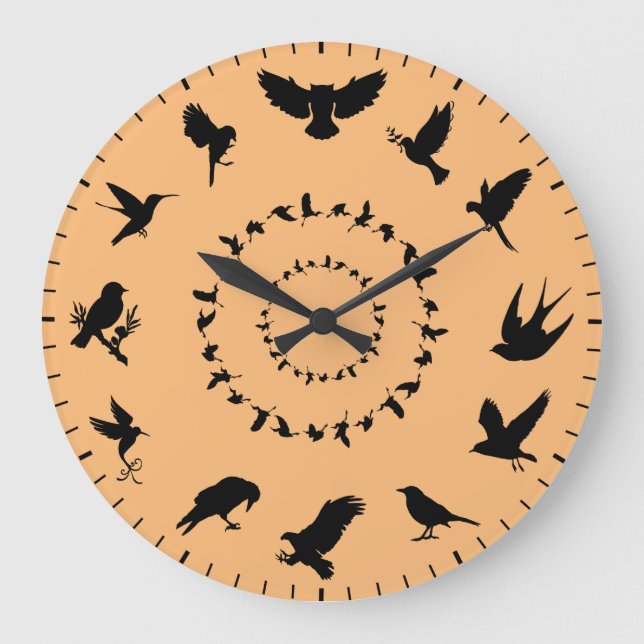 Relógio Grande Tema de Silhuetas Pretas de Aves Selvagens Únicas (Frente)