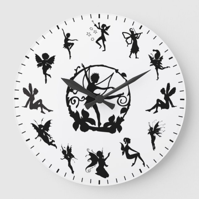 Relógio Grande Tema de Silhuetas Pretas de Fadas Lindas e Únicas (Frente)