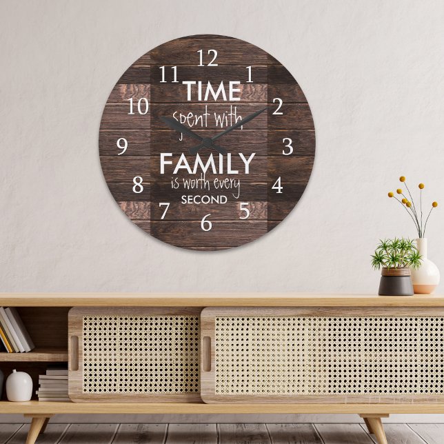 Relógio Grande Tempo Rustic Brown Wood Passado Com Citação Famili (Rustic Brown Wood Time Spent With Family Quote Large Clock)
