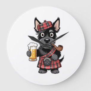 Relógio Grande Terrier Escocês em Kilt Xadrez com Cerveja e Cachi