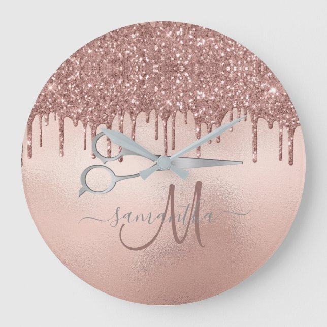 Relógio Grande Tesoura Elegante Rosa Dourada Hairstylist Monogram (Frente)