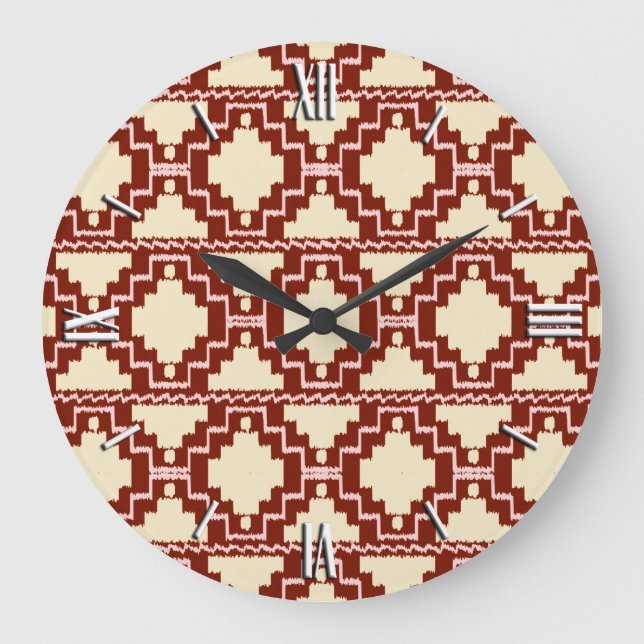 Relógio Grande Teste padrão asteca de Ikat - bege, Borgonha e (Frente)
