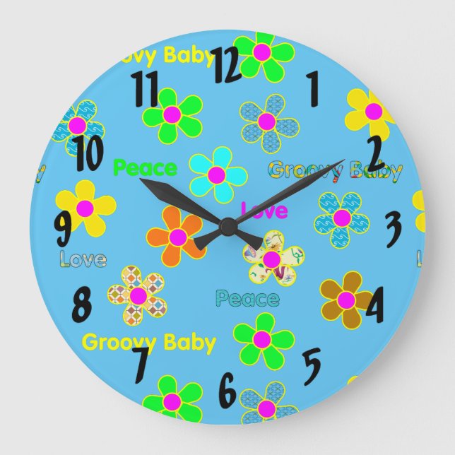 Relógio Grande Teste padrão de flores 60s Groovy psicadélico azul (Frente)
