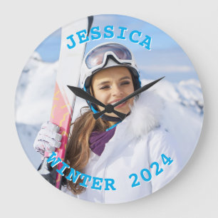 Relógio Grande Texto Azul Celeste Personalizado Família Foto