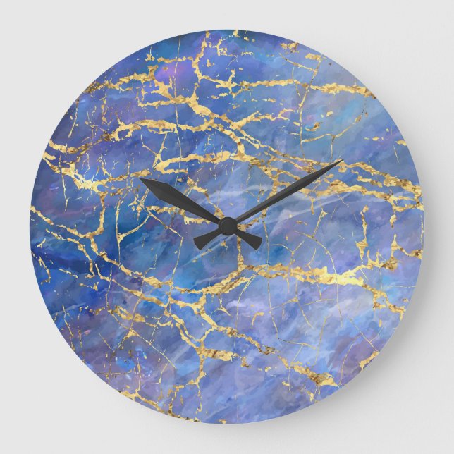 Relógio Grande Textura Dourada do Abstrato Marble Azul (Frente)