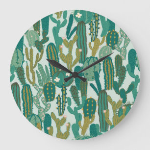 Relógio Grande Textura Vintage Repetida De Cactus Green