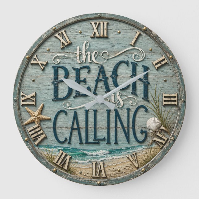 Relógio Grande The Beach Is Calling Rustic Beach House Ocean  (Frente)