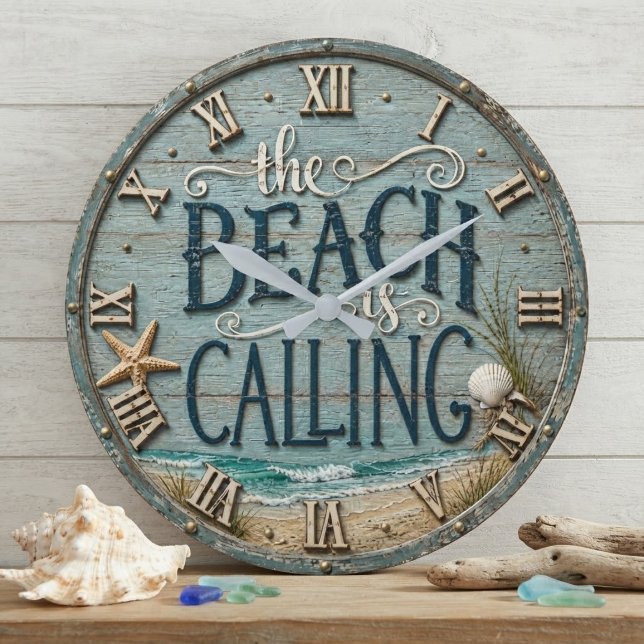 Relógio Grande The Beach Is Calling Rustic Beach House Ocean  (Criador carregado)