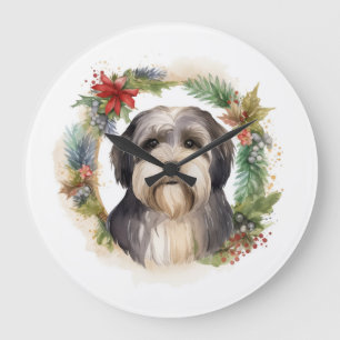 Relógio Grande Tibetano Terrier Christmas Wreath Festivo Pup