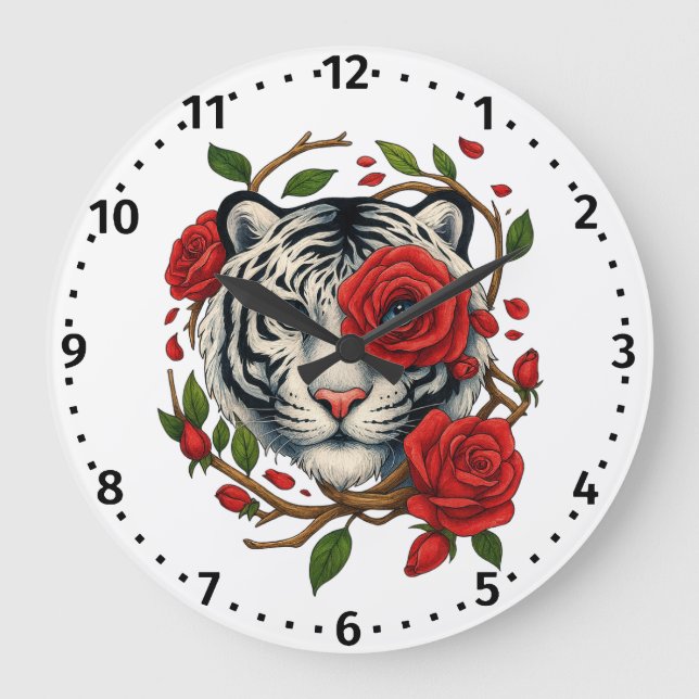 Relógio Grande Tigre branco com Rosas vermelhas - Floral de vida  (Frente)