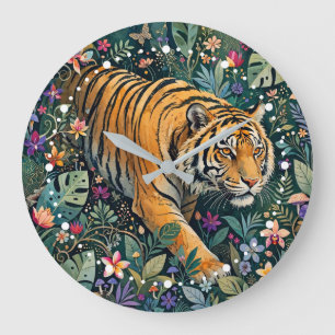 Relógio Grande Tigre com Olhos Âmbar Folhagem da Selva Fantasia