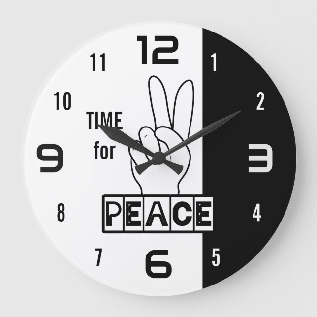 Relógio Grande Time for Peace – Black & White Hand Design (Frente)