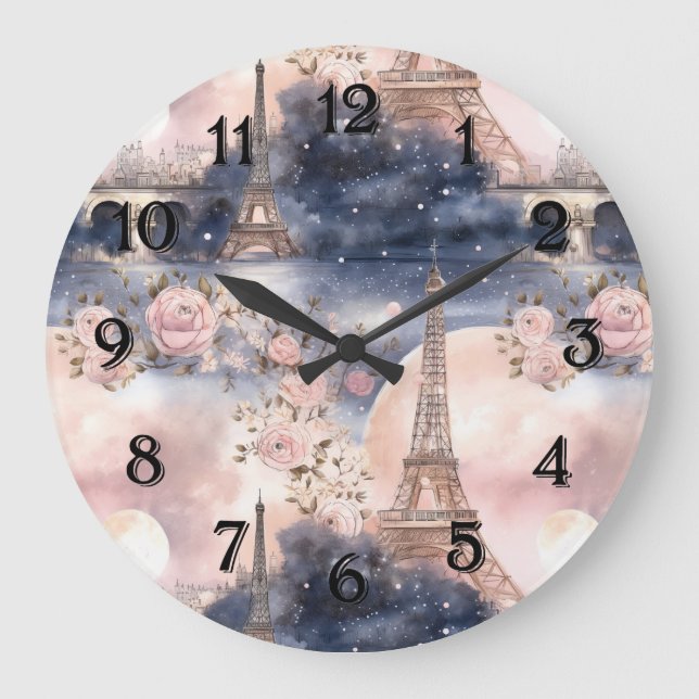 Relógio Grande Torre Eiffel Paris Rosa Azul Floral (Frente)