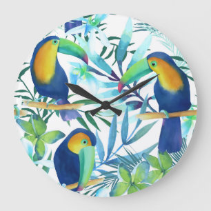 Relógio Grande Toucanos Tropicais: Padrão De Flor Exótico.