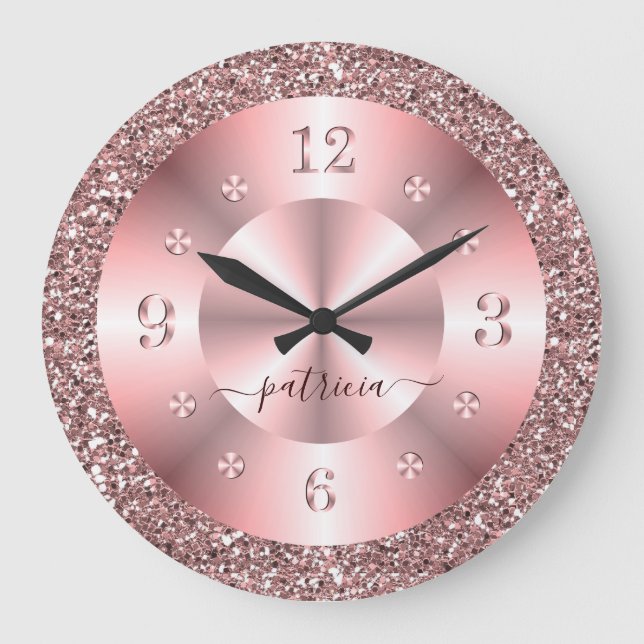 Relógio Grande Trendy Rose Gold Glitter Sparkle Personalized Name (Frente)