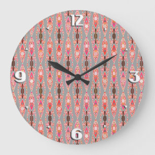 Relógio Grande Tribal Batik - Cinzas de Coral Rosa e Prata