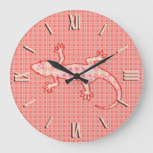Relógio Grande Tribal batik Gecko - cor-de-rosa e creme