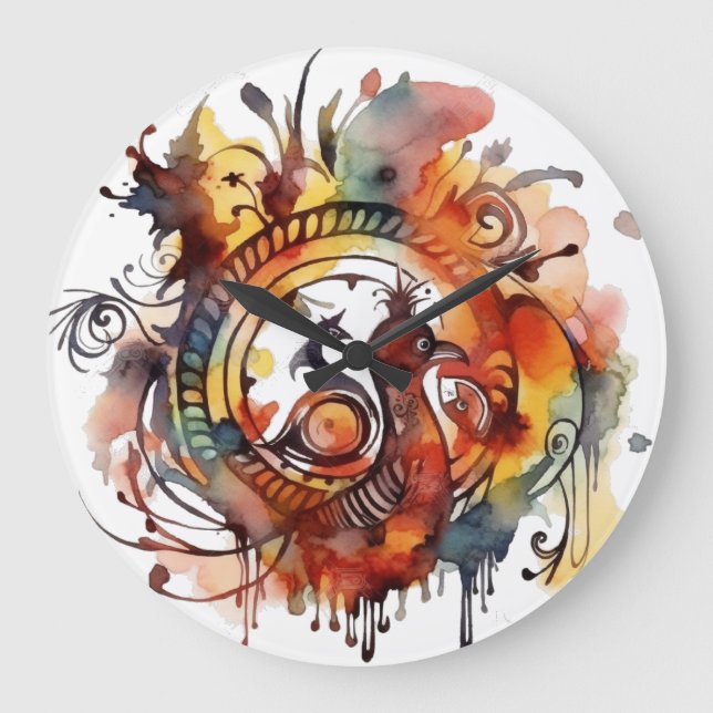 Relógio Grande Tribal Phoenix Watercolor Mandala (Frente)