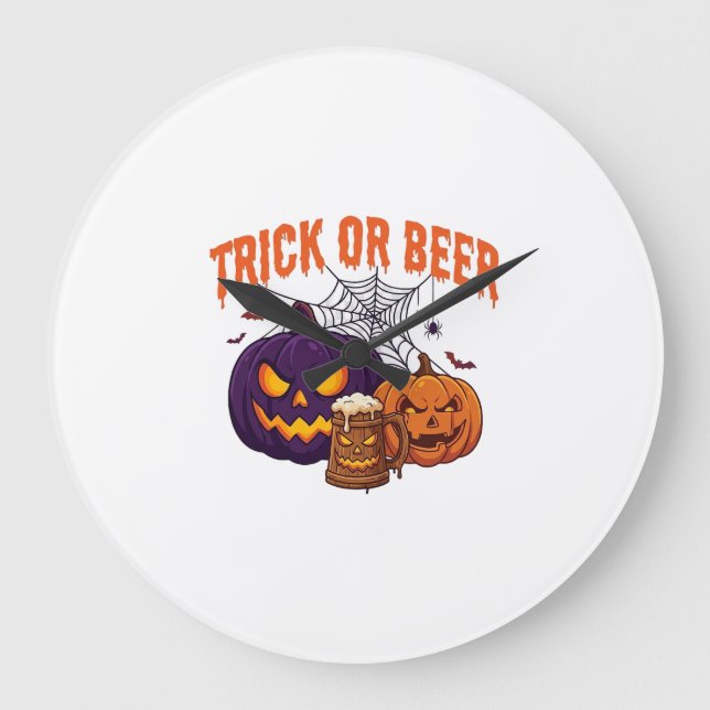 Relógio Grande Trick Or Beer Halloween Abóboras Caneca Teia de Ar (Frente)