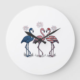 Relógio Grande Trio de Flamingos Patrióticos Design de Gravura Vi