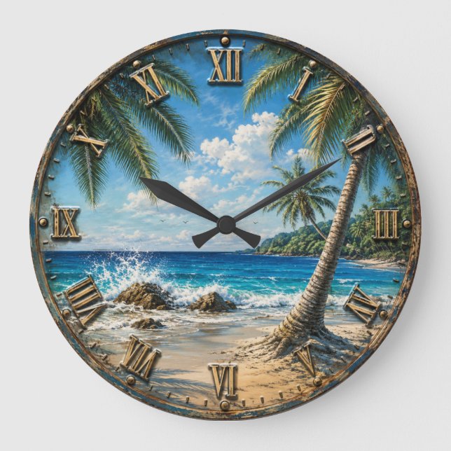 Relógio Grande Tropical Coastal Ocean palm Tree Beach (Frente)