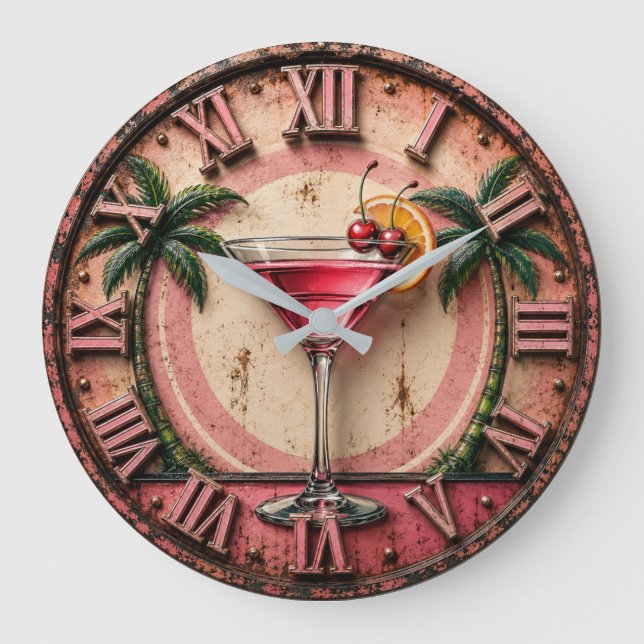 Relógio Grande Tropical Martini Pink Cocktail Bar Decor (Frente)